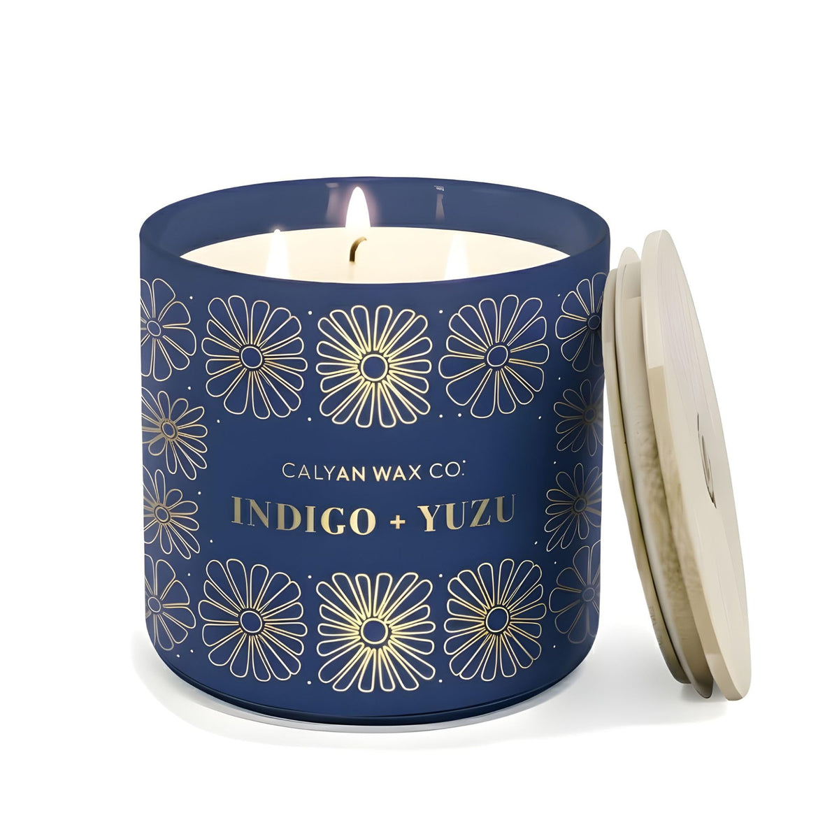 Calyan Wax Co Indigo & Yuzu 3 Wick Candle in glass jar for luxurious ambiance