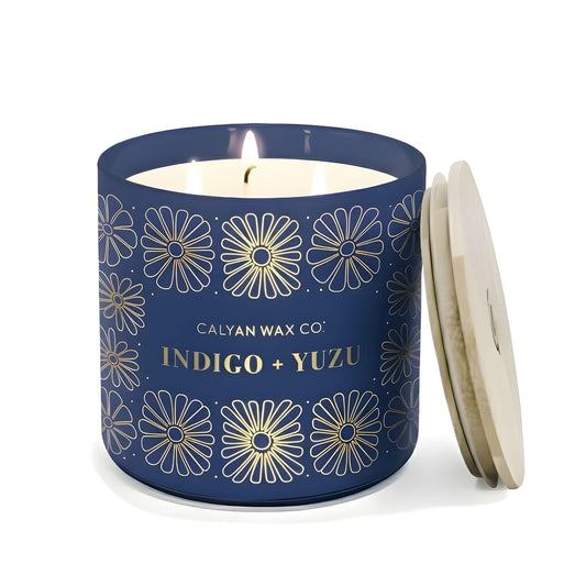 Calyan Wax Co Indigo & Yuzu 3 Wick Candle in glass jar for luxurious ambiance