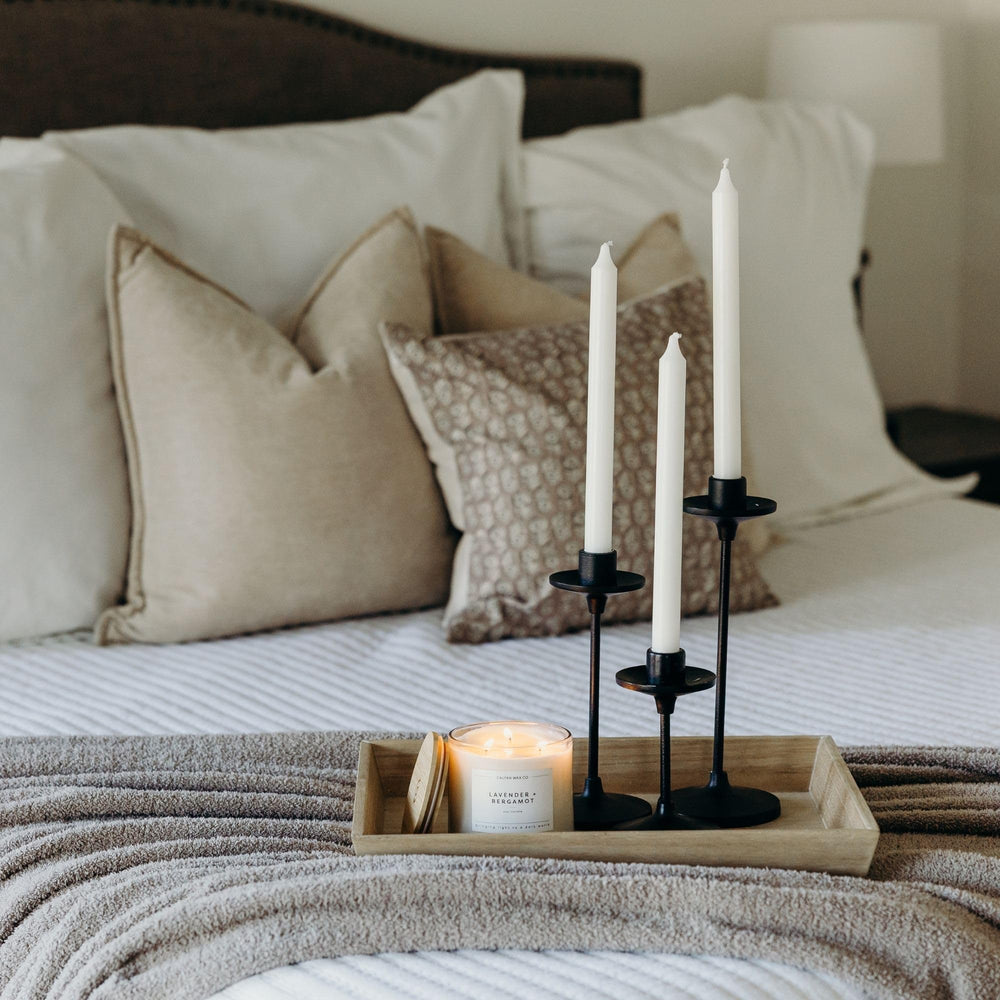 Calyan Wax Co Lavender and Bergamot candle in evening light suggests calm aroma