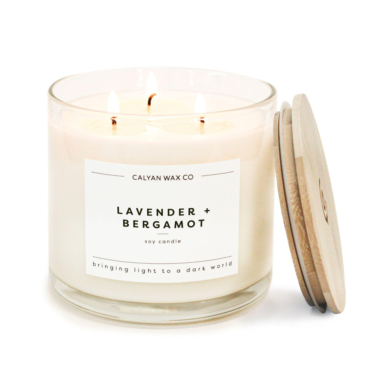Calyan Wax Co Lavender and Bergamot 3 Wick candle label highlights premium scent branding