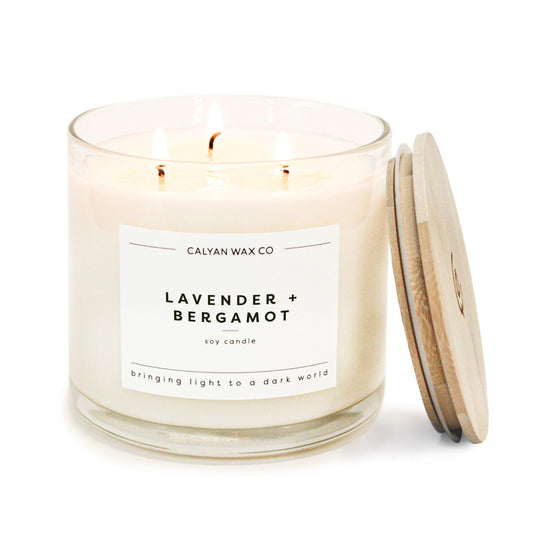 Calyan Wax Co Lavender and Bergamot 3 Wick candle label highlights premium scent branding
