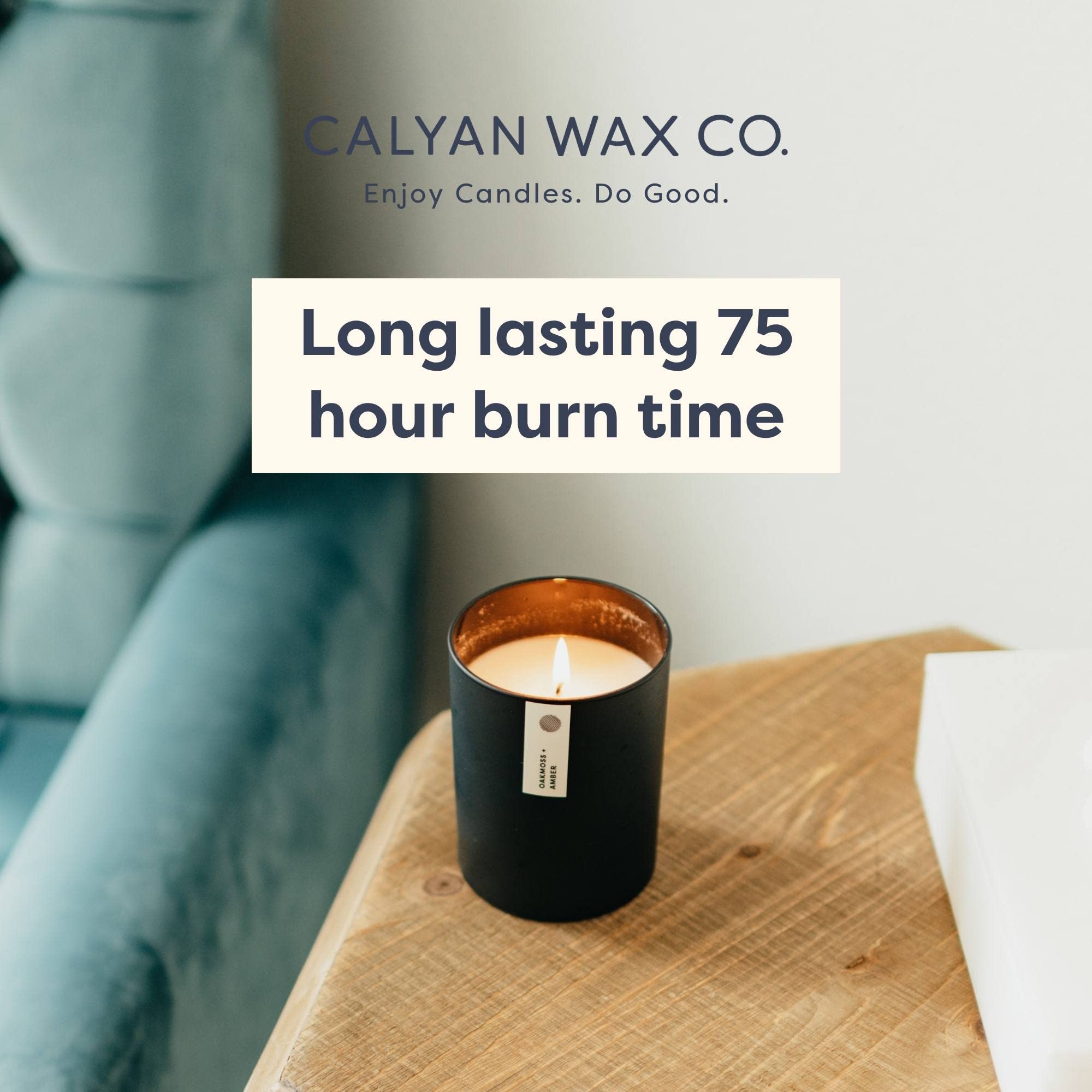 Calyan Wax Co. Lemon & Sage candle flame glow creating cozy ambiance