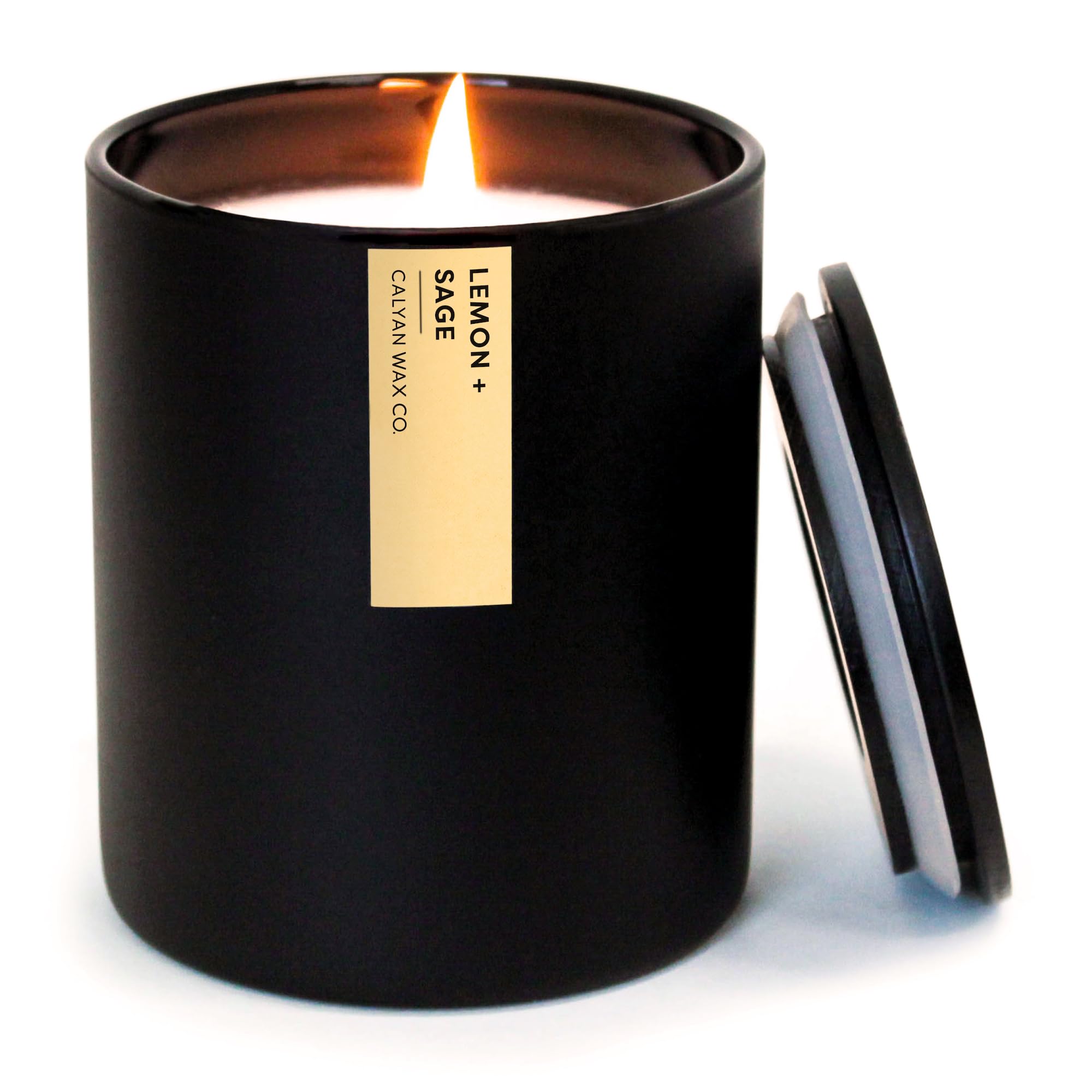 Calyan Wax Co. Lemon & Sage candle label close-up showing long-lasting fragrance