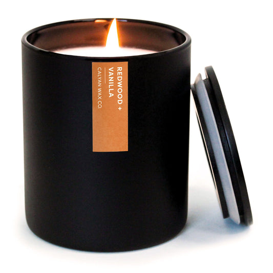 Calyan Wax Co. Redwood & Vanilla candle, front view, long-lasting aroma for cozy evenings