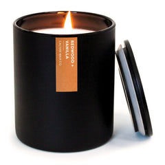 Calyan Wax Co. Redwood & Vanilla candle, front view, long-lasting aroma for cozy evenings