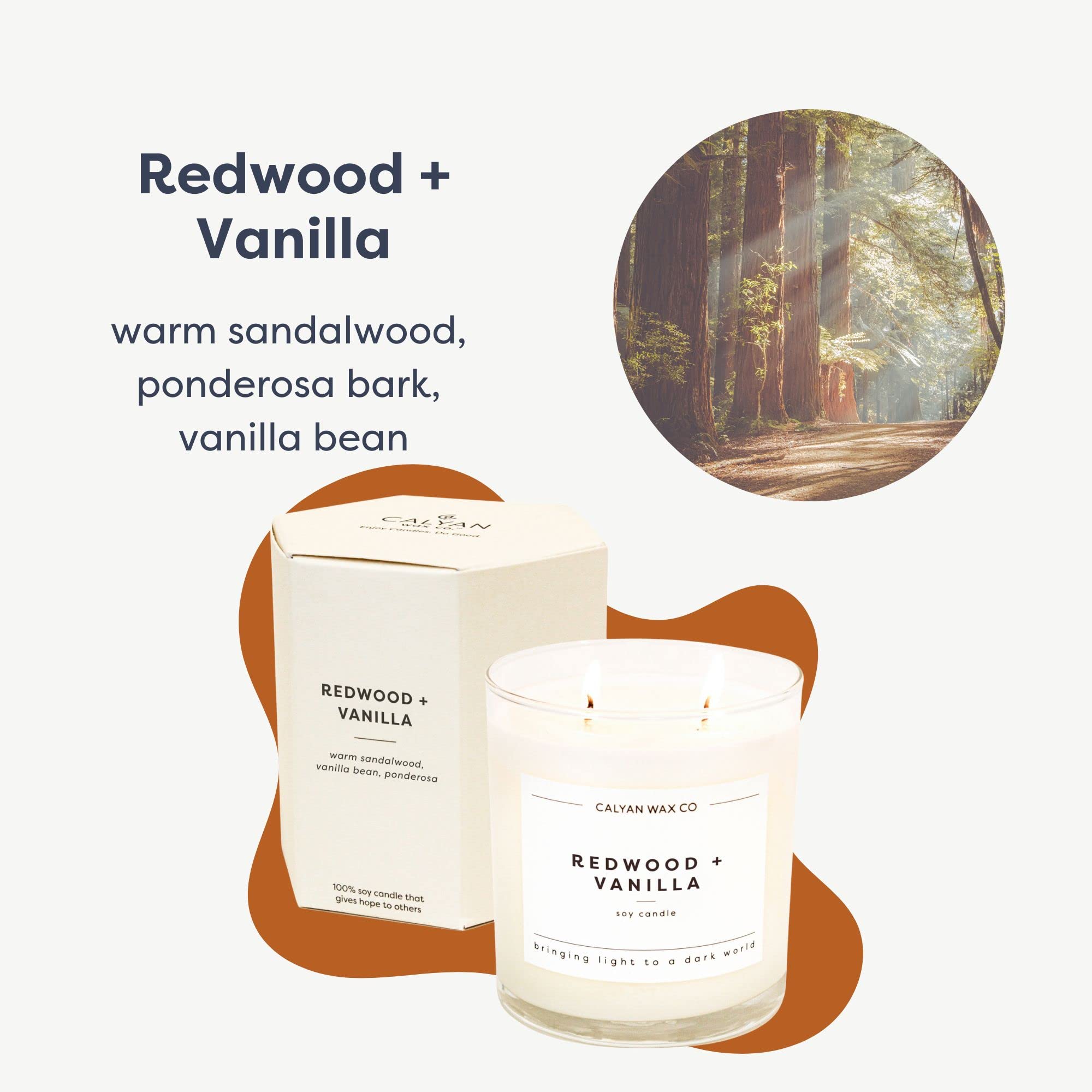 Calyan Wax Co. Redwood and Vanilla label close-up showing premium ingredients