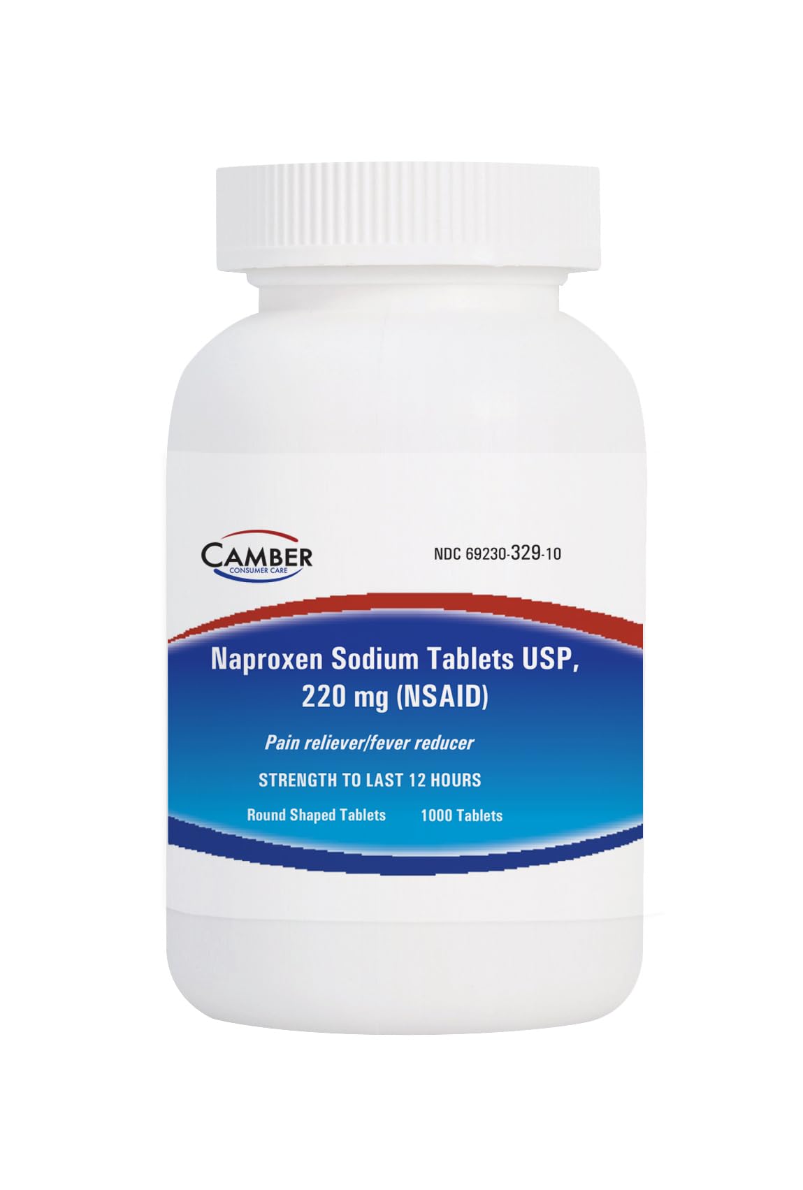 Camber Naproxen Sodium 220 mg bottle for temporary pain relief and fever reduction.