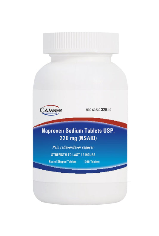 Camber Naproxen Sodium 220 mg bottle for temporary pain relief and fever reduction.