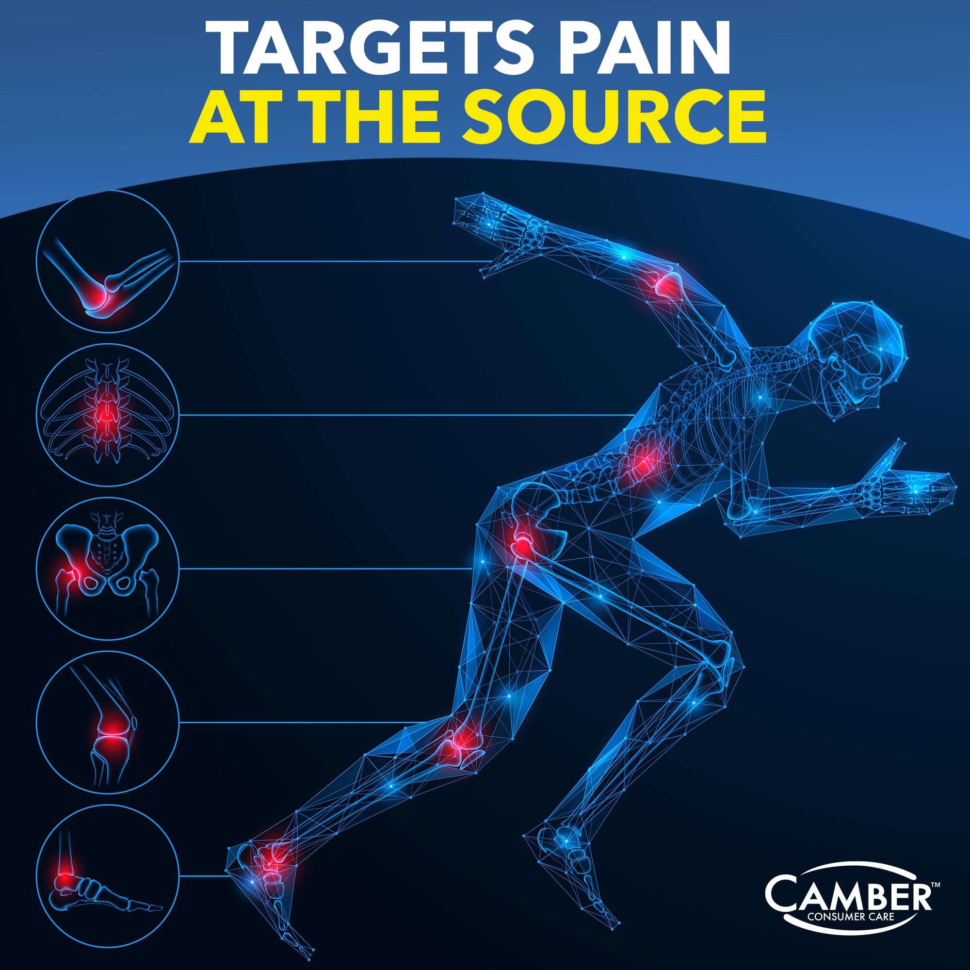 Camber Naproxen Sodium 220 mg dosage-info card emphasizing up to 12 hours of relief.