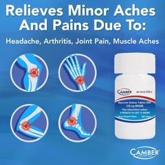 Camber Naproxen Sodium 220 mg tablets closeup highlighting easy-to-swallow caplets for relief.
