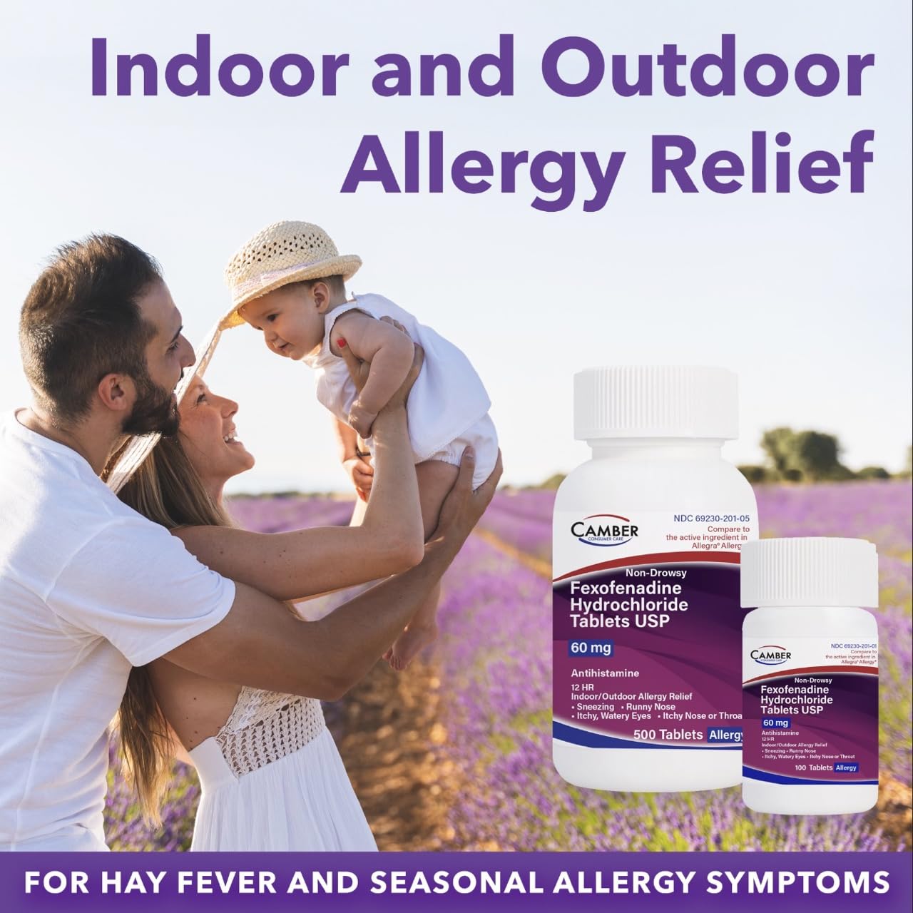 Camber packaging box highlighting indoor and outdoor allergy relief.