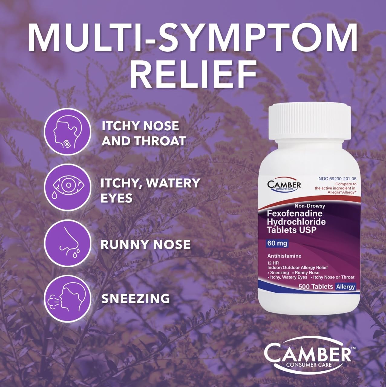 Close-up of Camber 12 Hr tablets showing 60 mg dose for 12-hour relief.