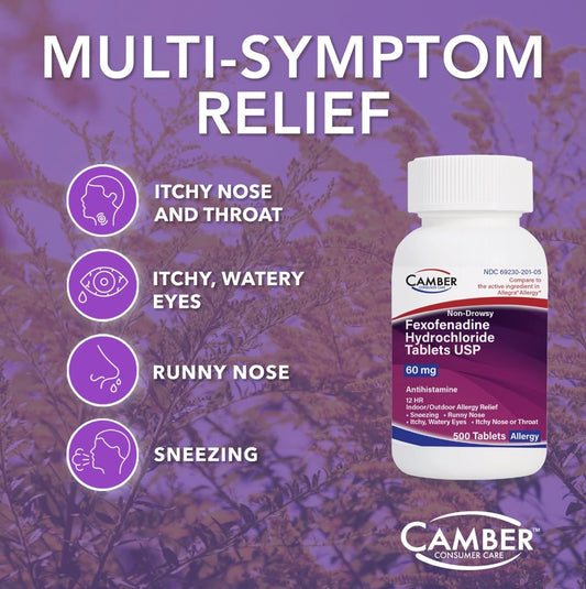 Close-up of Camber 12 Hr tablets showing 60 mg dose for 12-hour relief.