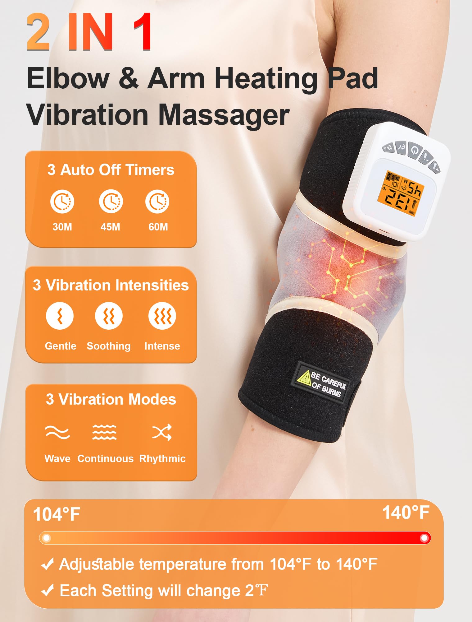 CAMECO elbow massage wrap worn on arm enables hands-free relief at home.