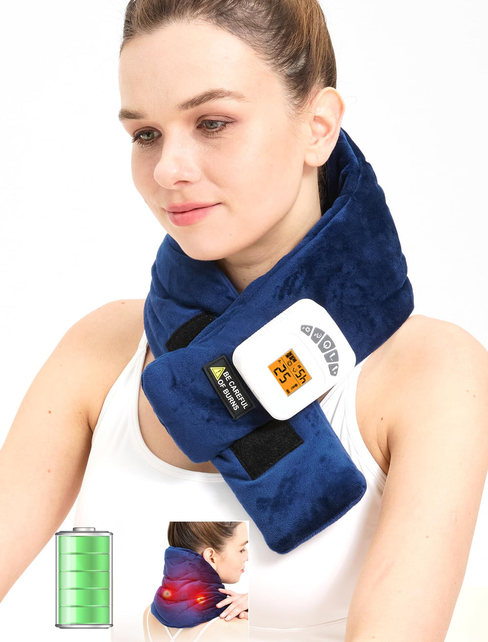 CAMECO neck heating pad in use for targeted relief during work sessions.