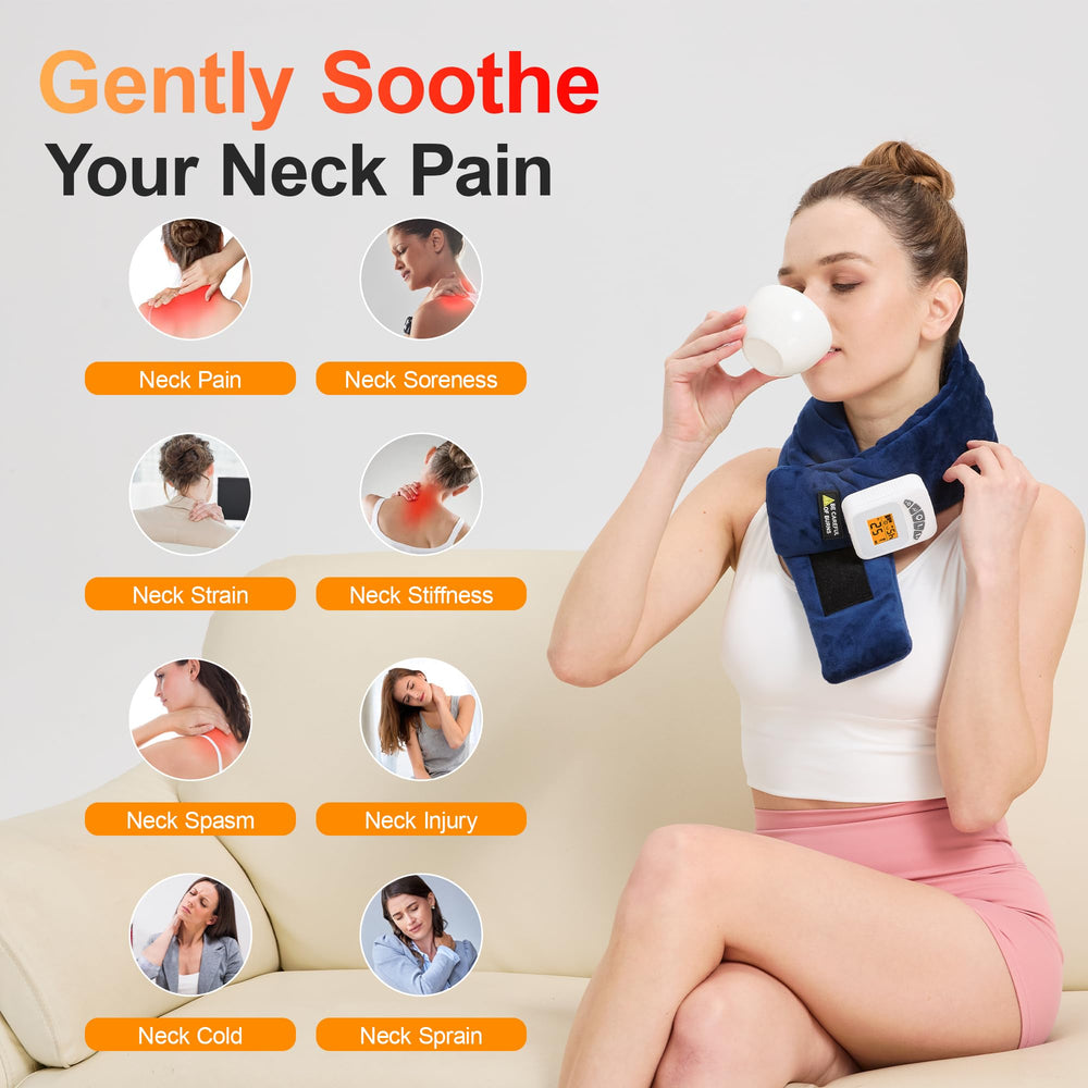 Portable neck wrap demonstrates cordless freedom for travel and office use.