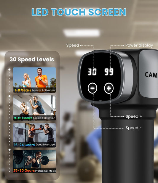 CAMEFER massage gun showing 30 speed levels for customizable muscle care.