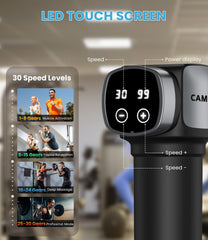CAMEFER massage gun showing 30 speed levels for customizable muscle care.