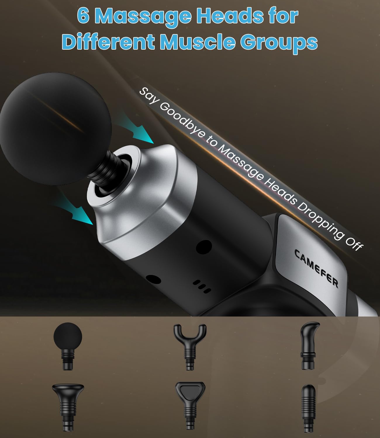 CAMEFER massage gun LED touchscreen displaying speed and battery status.