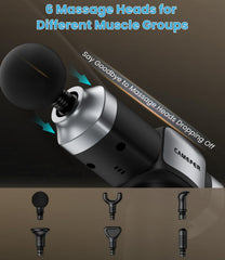 CAMEFER massage gun LED touchscreen displaying speed and battery status.
