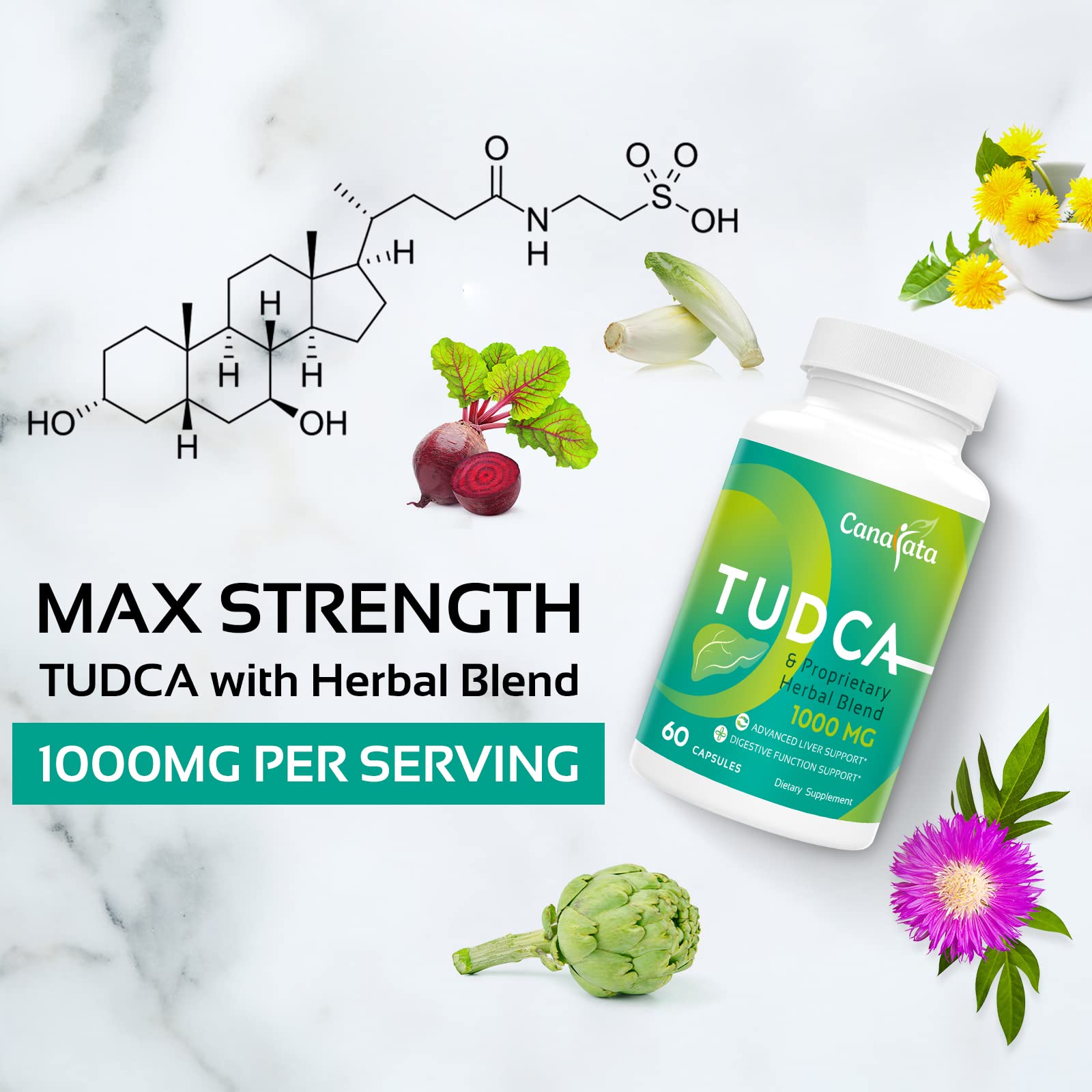 Canarata Tudca bottle close-up emphasizing digestive support potential.