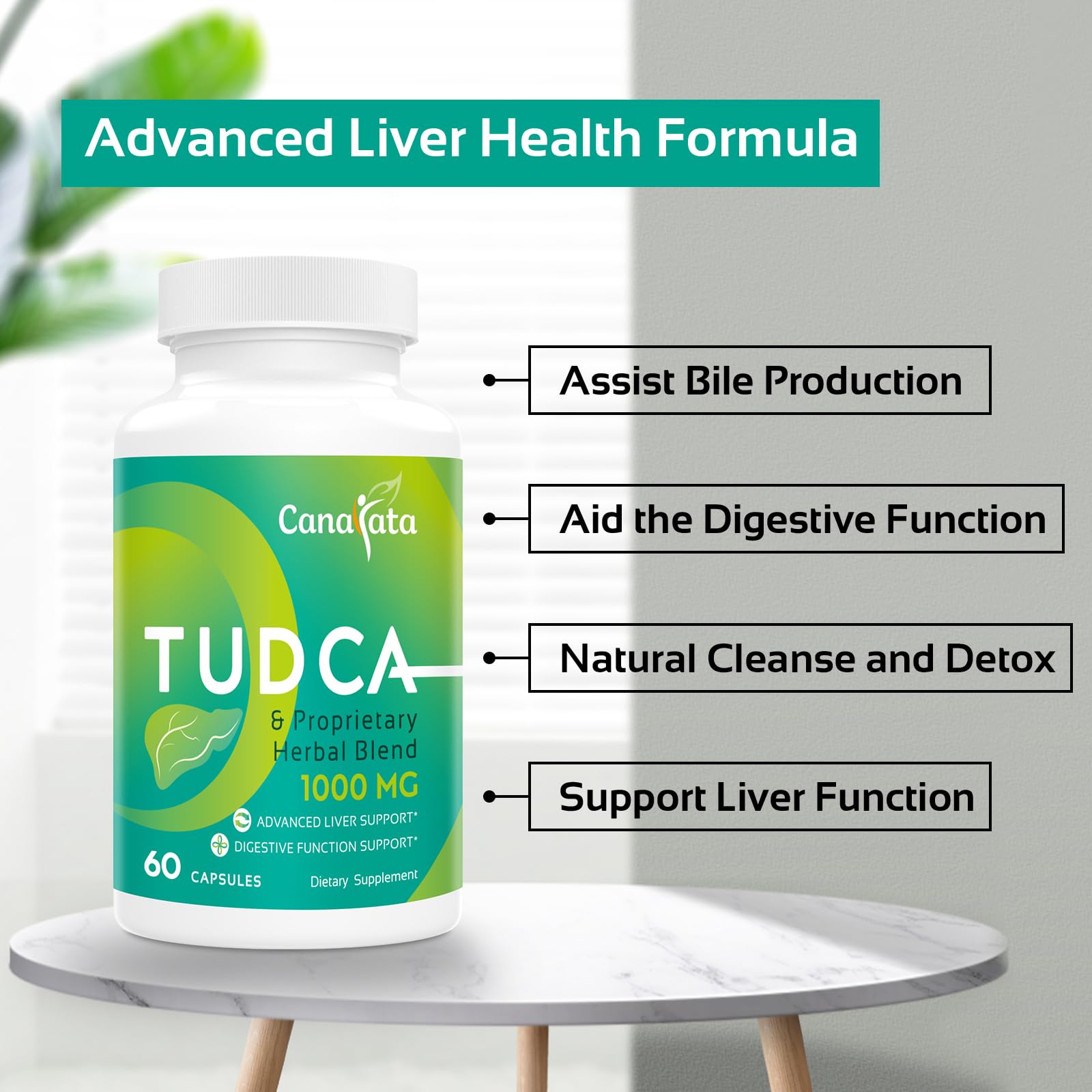 Canarata Tudca capsules in herbal blend highlighting plant-based ingredients.