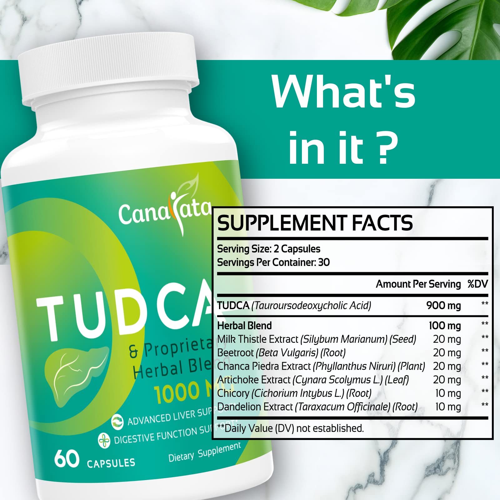 Close-up of Canarata Tudca capsules highlighting milk thistle blend.