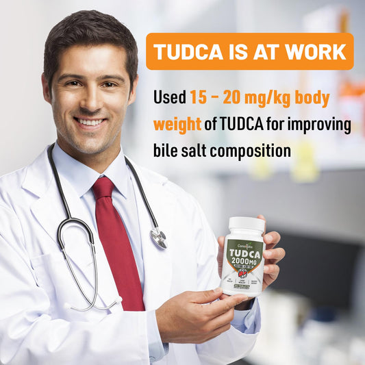 Closeup of Canarata TudCA tablets showing easy-to-swallow format for daily liver care.