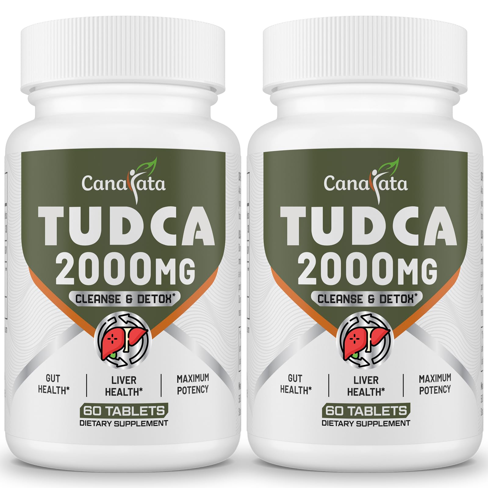 Canarata Tudca tablets bottle closeup highlighting liver support and detox potential.