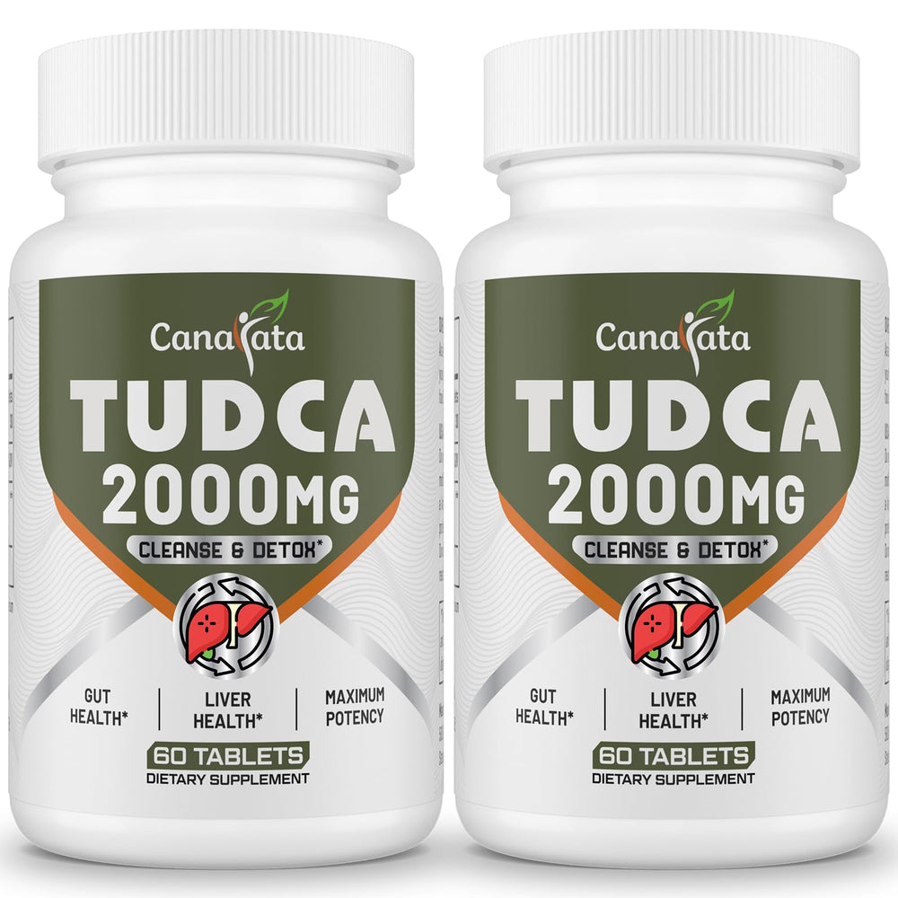 Canarata Tudca tablets bottle closeup highlighting liver support and detox potential.
