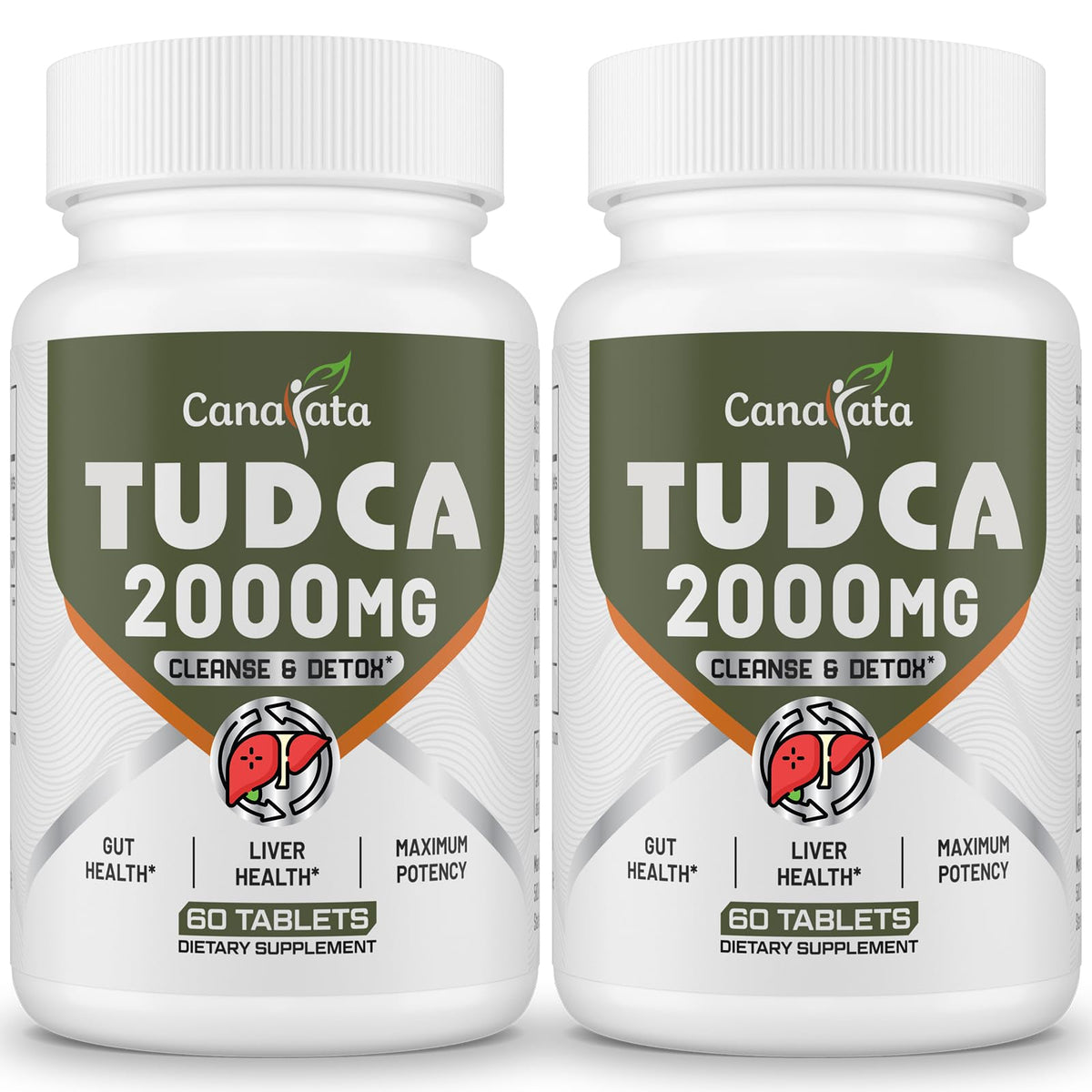 Canarata Tudca tablets bottle closeup highlighting liver support and detox potential.