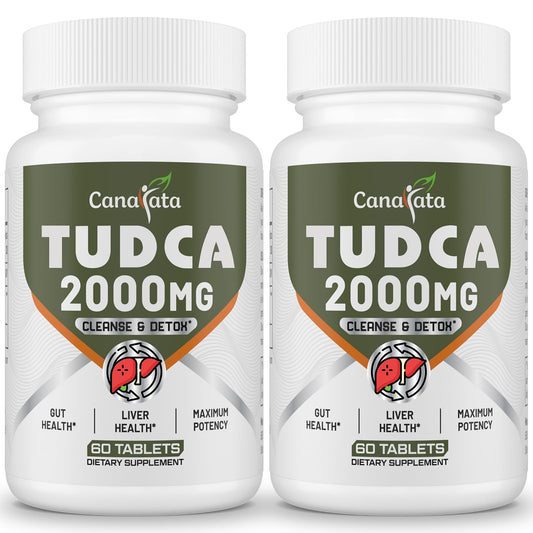Canarata Tudca tablets bottle closeup highlighting liver support and detox potential.