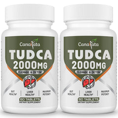 Canarata Tudca tablets bottle closeup highlighting liver support and detox potential.
