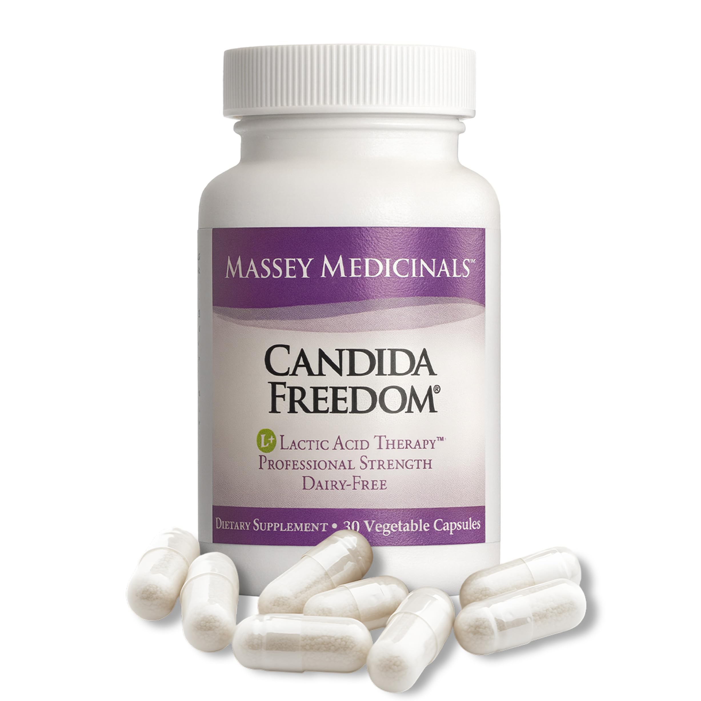 Candida Freedom Massey Medicinals colon cleanse pills bottle front, promotes gentle daily digestion