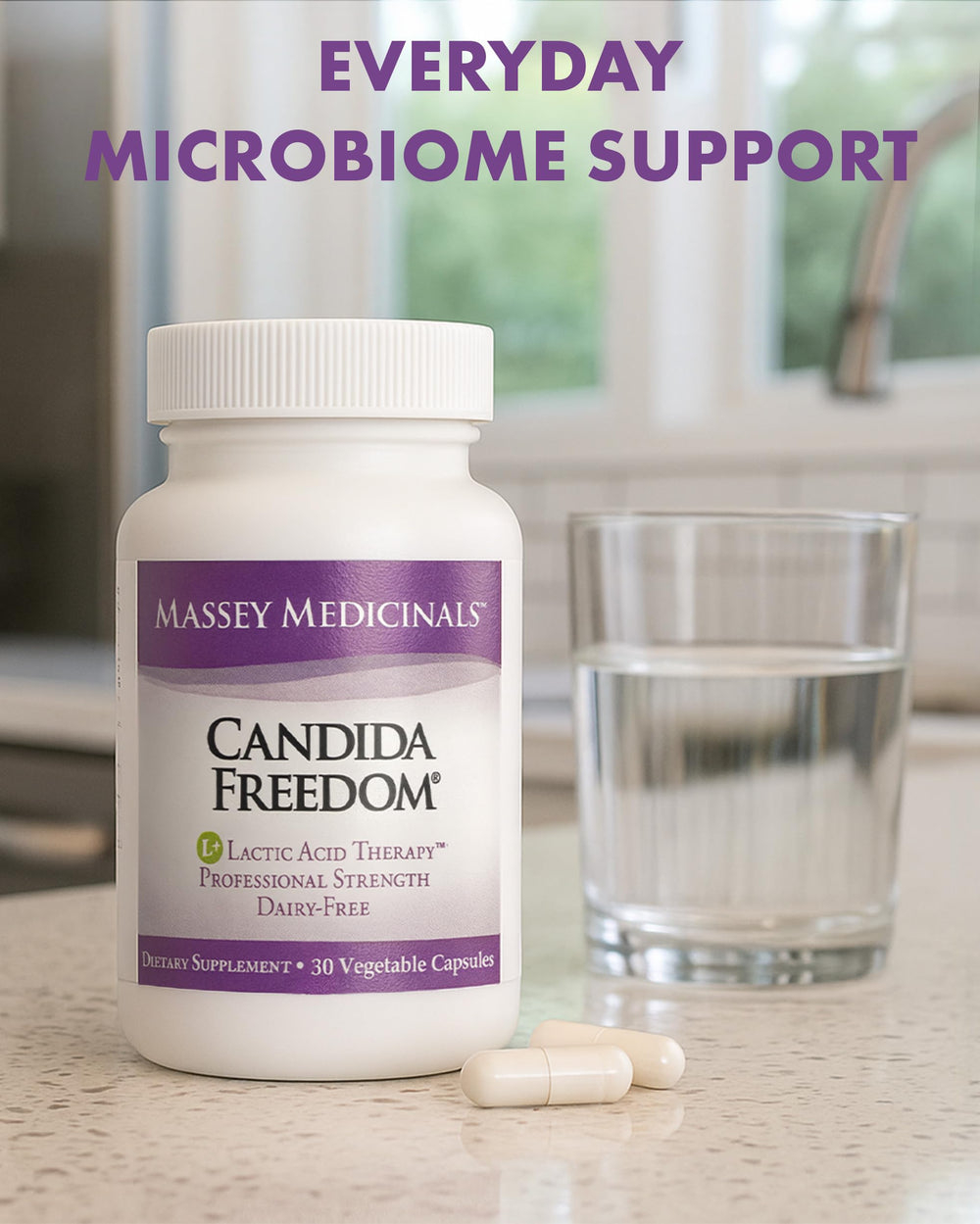 Candida Freedom Massey Medicinals colon cleanse pills bottle side, easy to integrate into routines