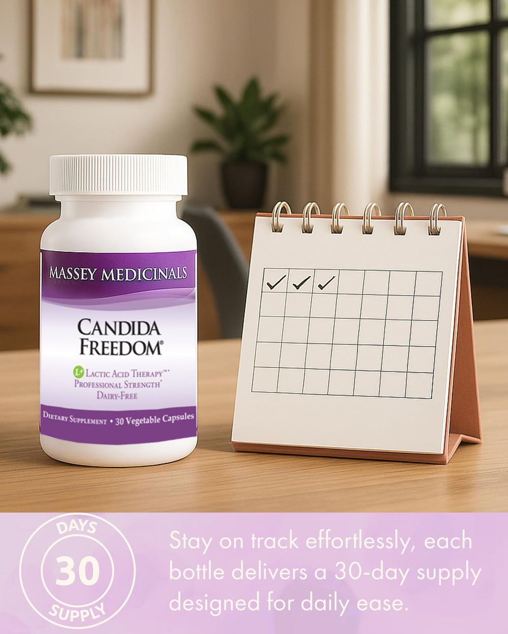 Candida Freedom Massey Medicinals colon cleanse pills in water glass, easy to take with hydration