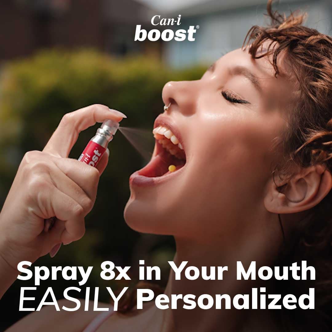 Travel-friendly Can-i Boost pocket spray by the bedside