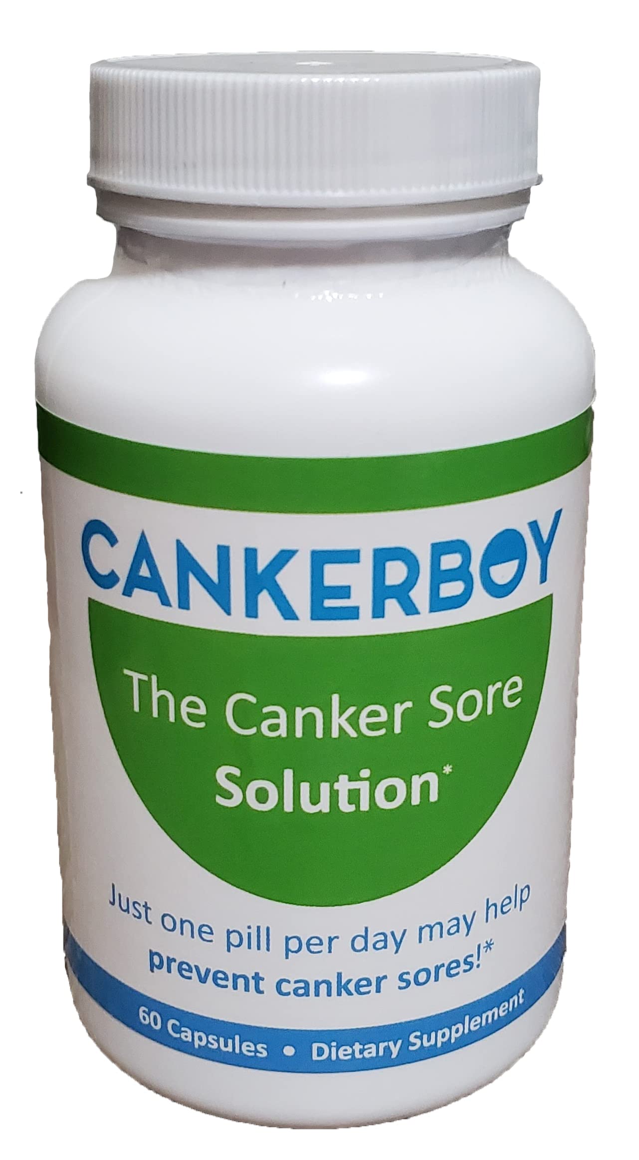 Cankerboy bottle front view showing daily use to reduce recurrence of canker sores.