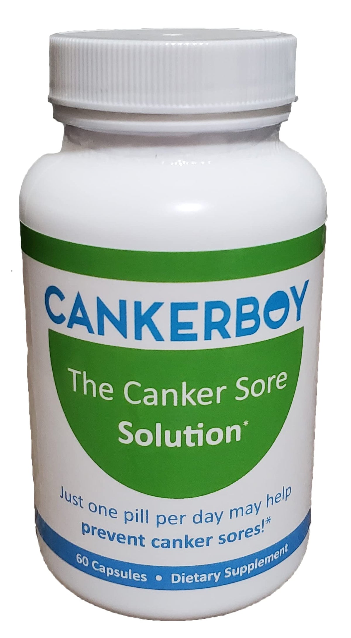 Cankerboy bottle front view showing daily use to reduce recurrence of canker sores.