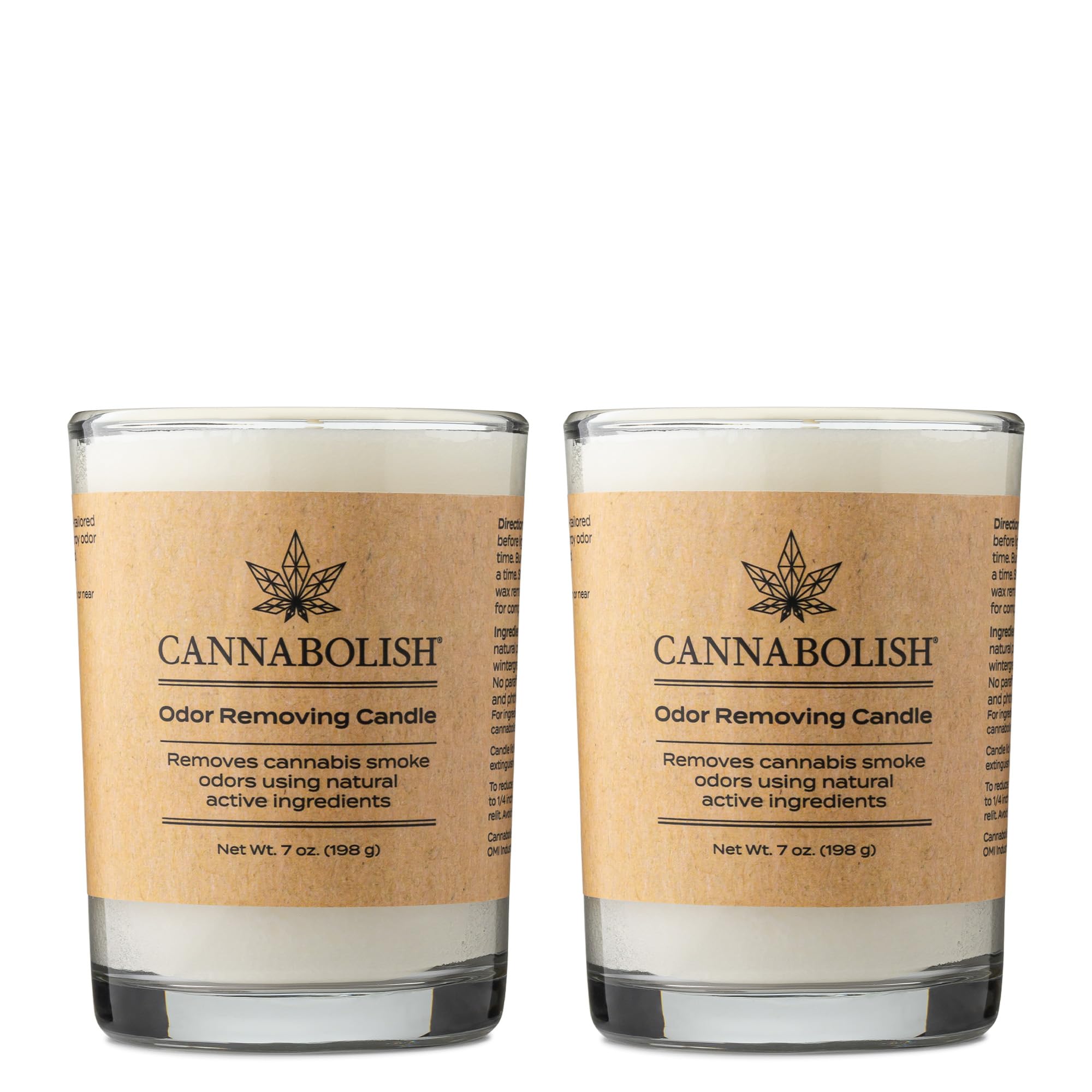 Cannabolish smoke odor candle front view showing 7oz pack, reduces odors naturally.