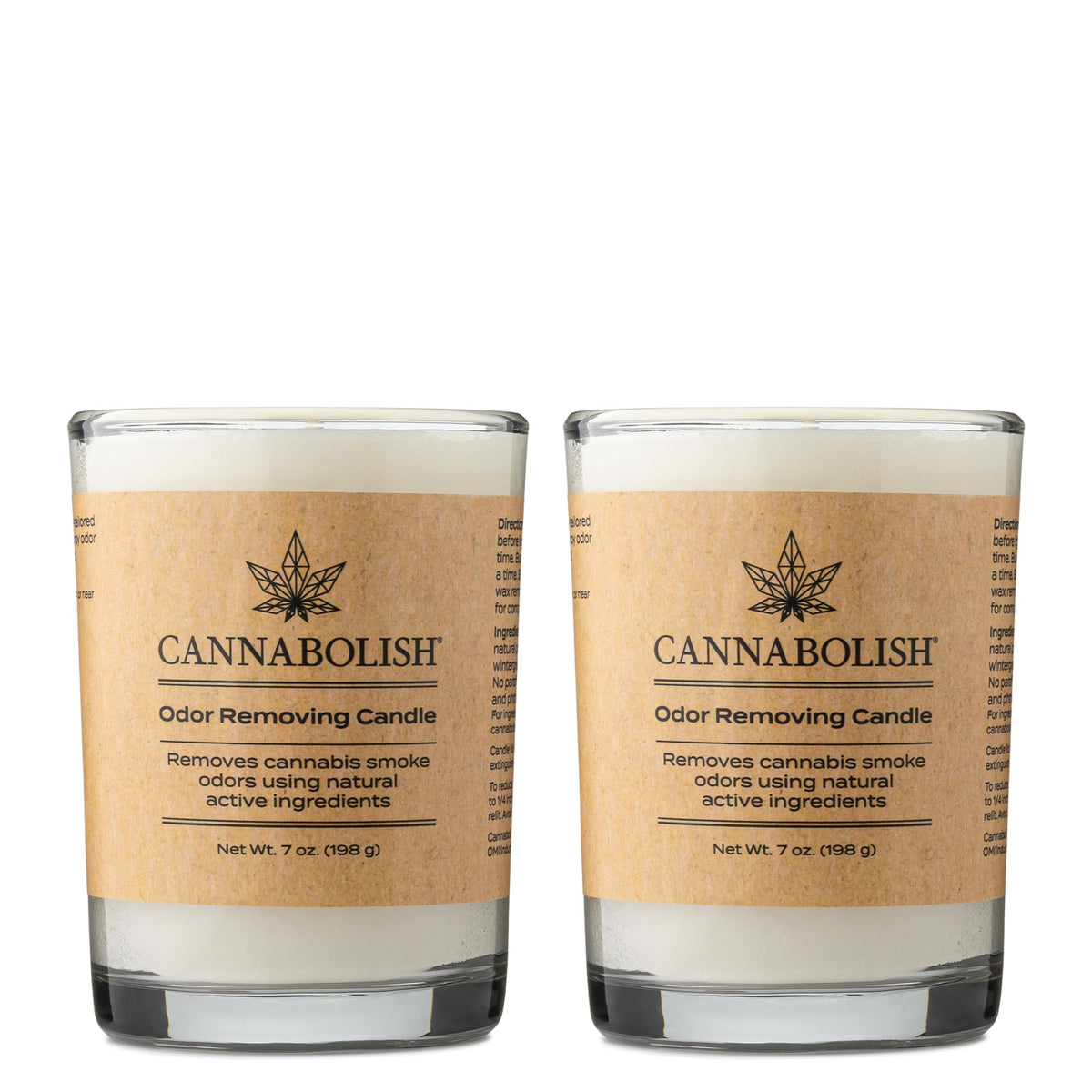 Cannabolish smoke odor candle front view showing 7oz pack, reduces odors naturally.