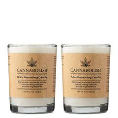 Cannabolish smoke odor candle front view showing 7oz pack, reduces odors naturally.