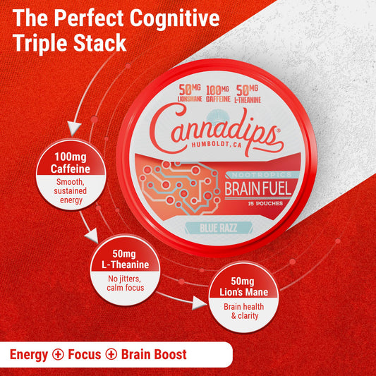 Cannadips Brain Fuel Variety Pack back panel with usage notes and details