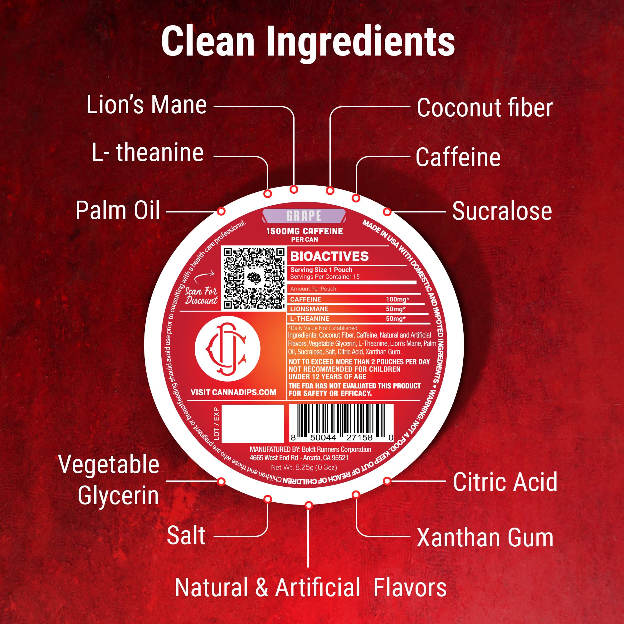 Cannadips Grape Energy Pouch label-ingredients highlights premium no sugar caffeine blend.