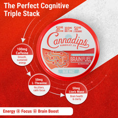 Cannadips Watermelon Energy Pouch label closeup highlighting clean nootropic blend for focus.