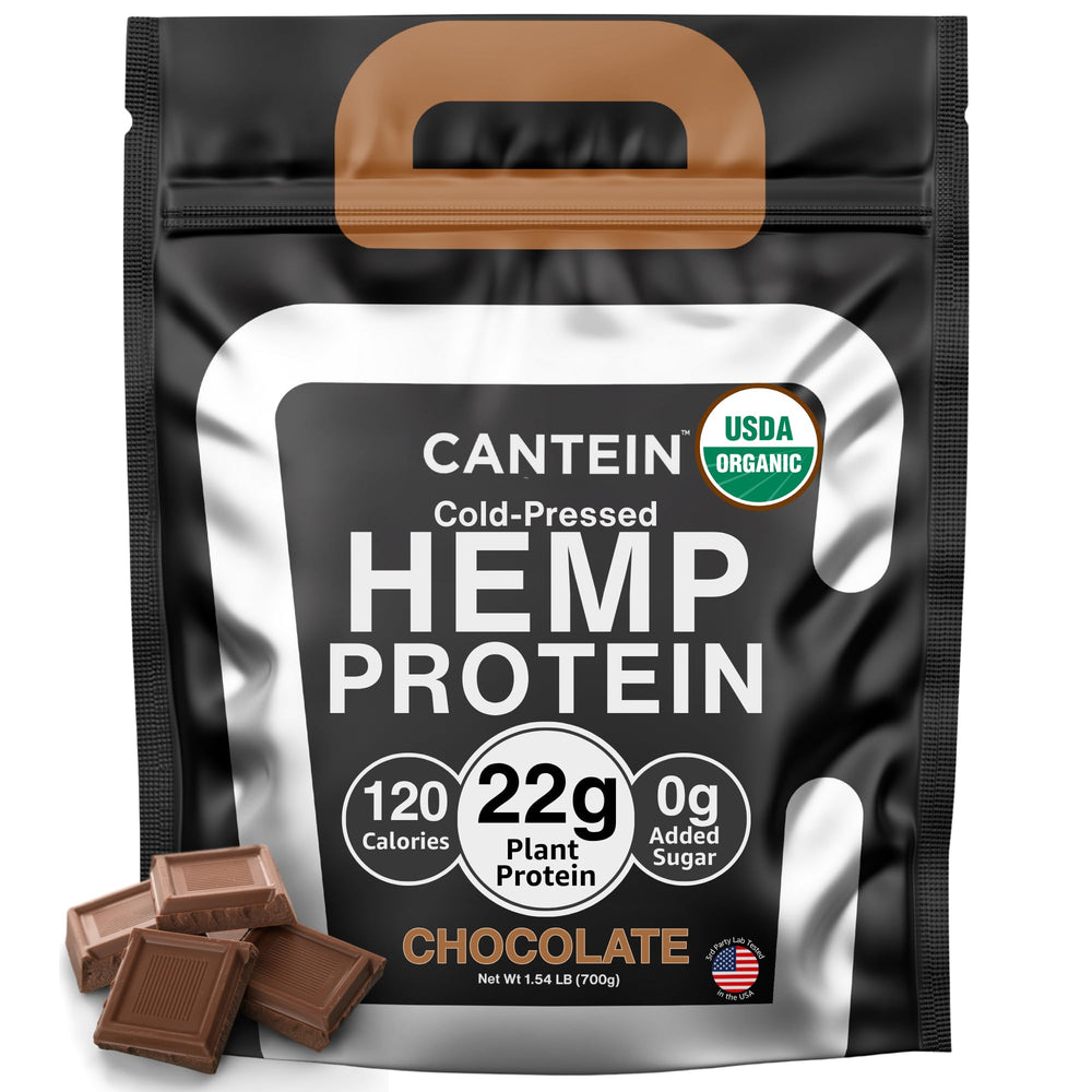 Cantein hemp protein powder tub front, clean organic branding for vegan protein