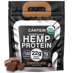 Cantein hemp protein powder tub front, clean organic branding for vegan protein