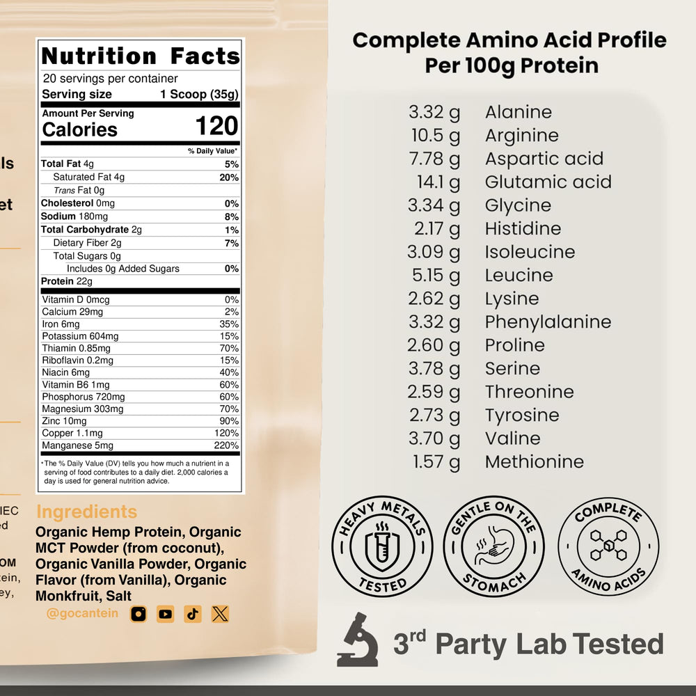 Cantein vanilla hemp protein shake in glass emphasizes smooth, creamy texture