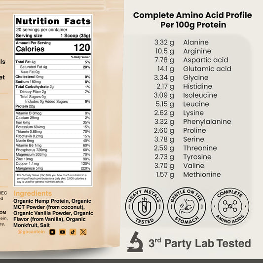 Cantein vanilla hemp protein shake in glass emphasizes smooth, creamy texture