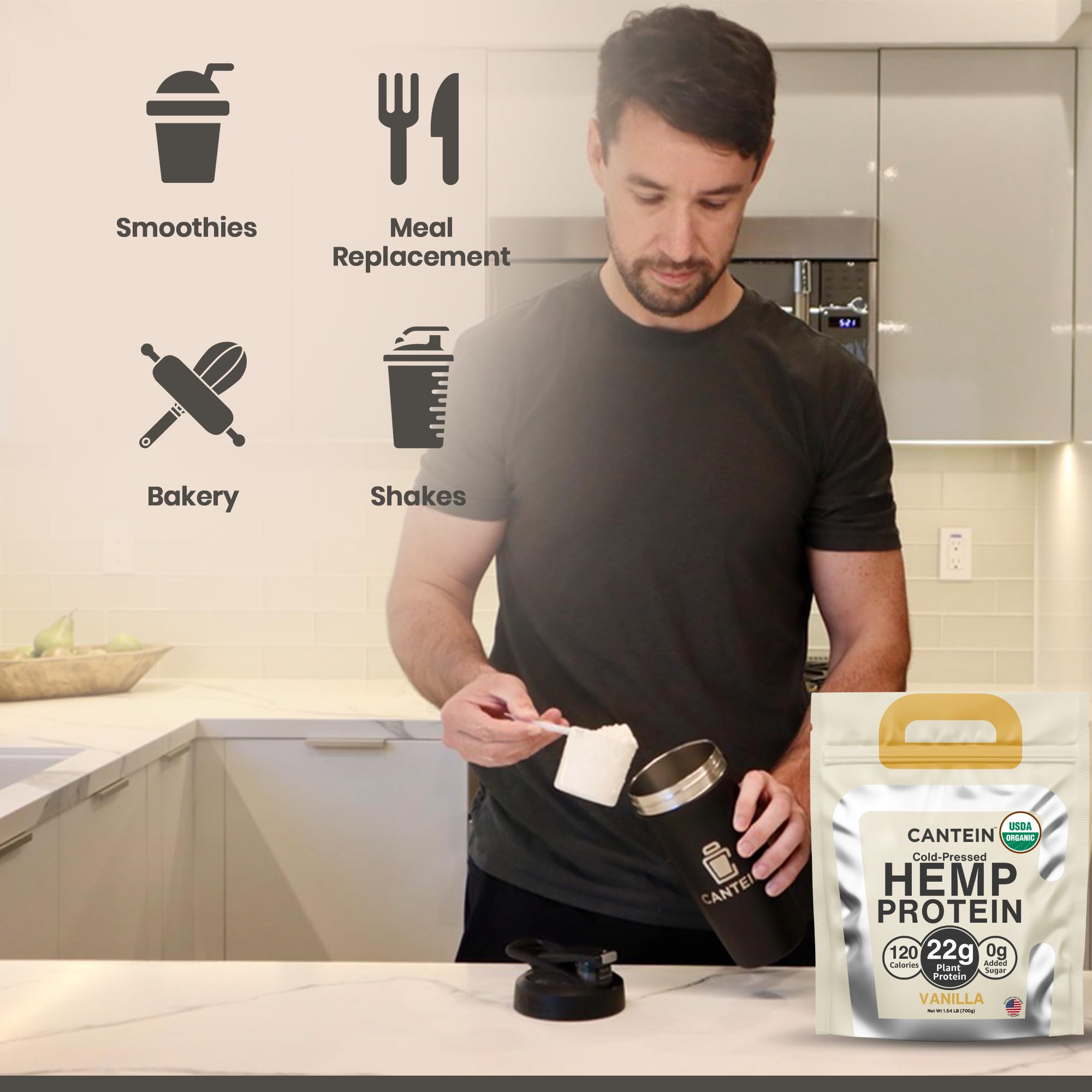 Cantein vanilla hemp protein tub front highlights USDA Organic and vegan credentials